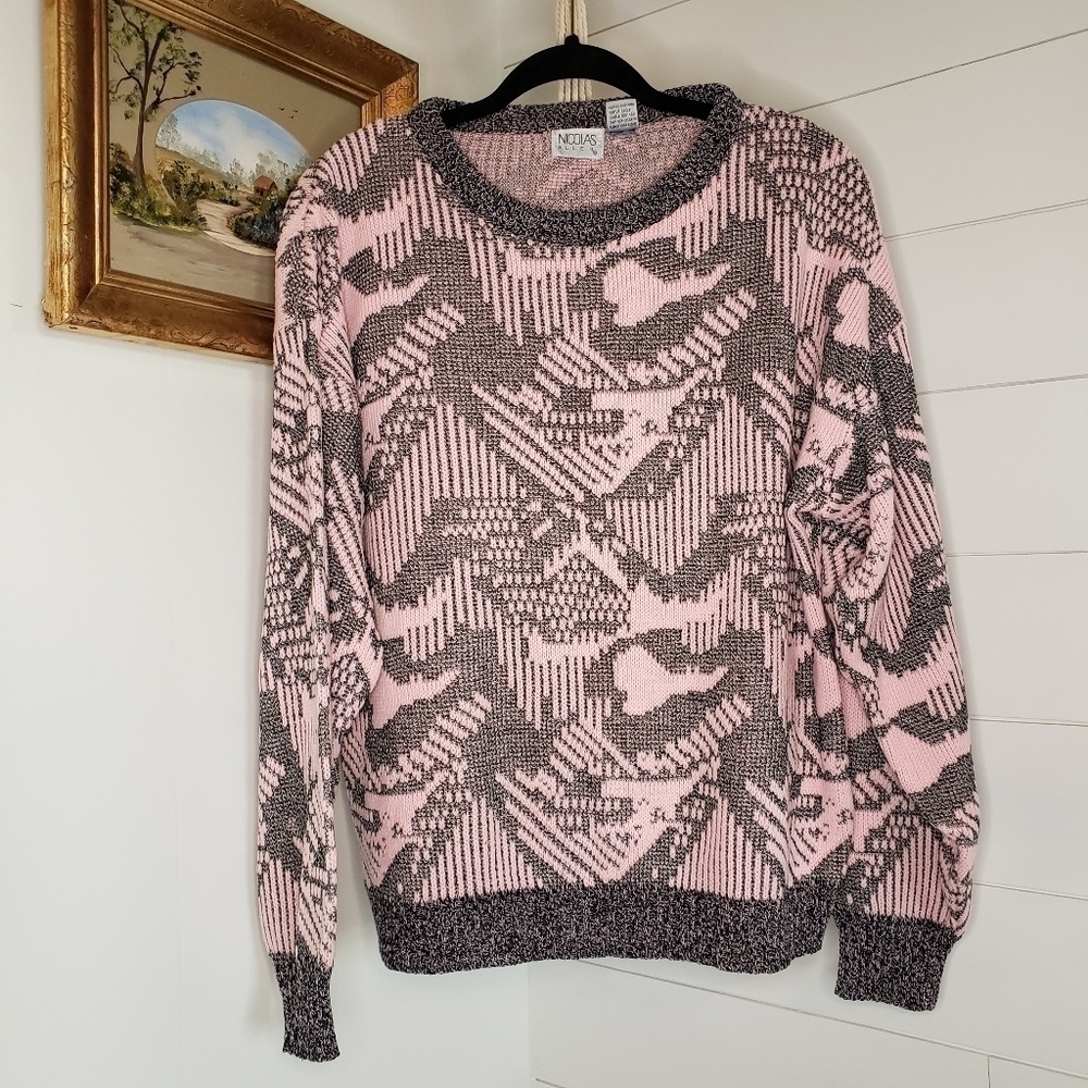 Vintage 90s Nicolas Allen Pink/Black/Gray Fair Isle Sweater Medium